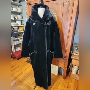 DONNYBROOK FULL LENGTH BLACK FAUX FUR COAT. VINTAGE